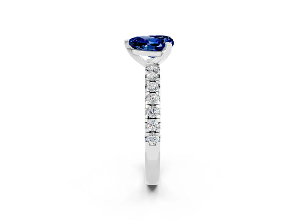 White gold Heart Cut Blue Sapphire Solitaire Pavé Engagement Ring with Round Band and Prong Setting
