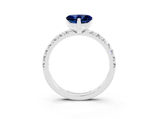 White gold Heart Cut Blue Sapphire Solitaire Pavé Engagement Ring with Round Band and Prong Setting