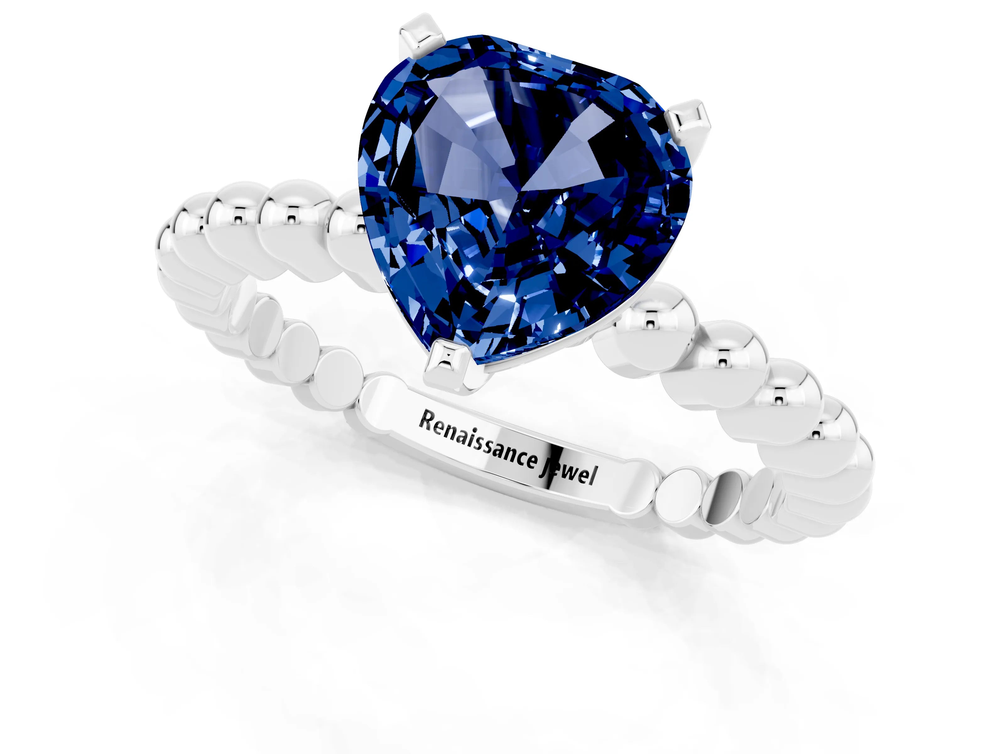 White gold Heart Cut Blue Sapphire Solitaire Ring with Beaded Band and Prong Setting_1