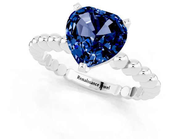 Platinum Heart Cut Blue Sapphire Solitaire Ring with Beaded Band and Prong Setting