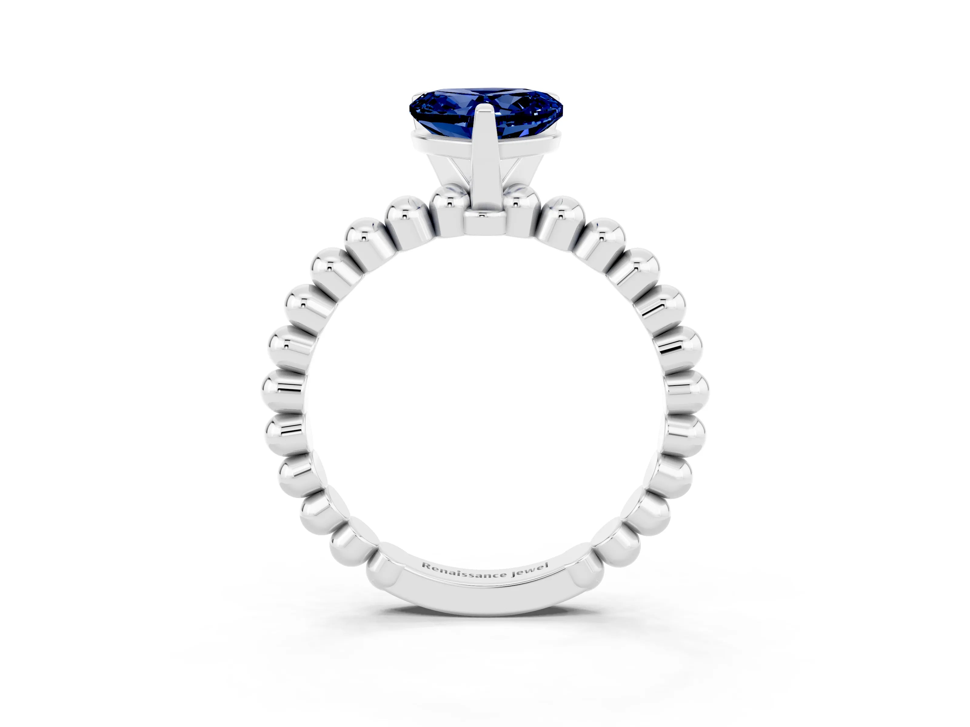 White gold Heart Cut Blue Sapphire Solitaire Ring with Beaded Band and Prong Setting_15