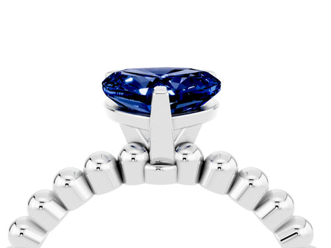 White gold Heart Cut Blue Sapphire Solitaire Ring with Beaded Band and Prong Setting_16