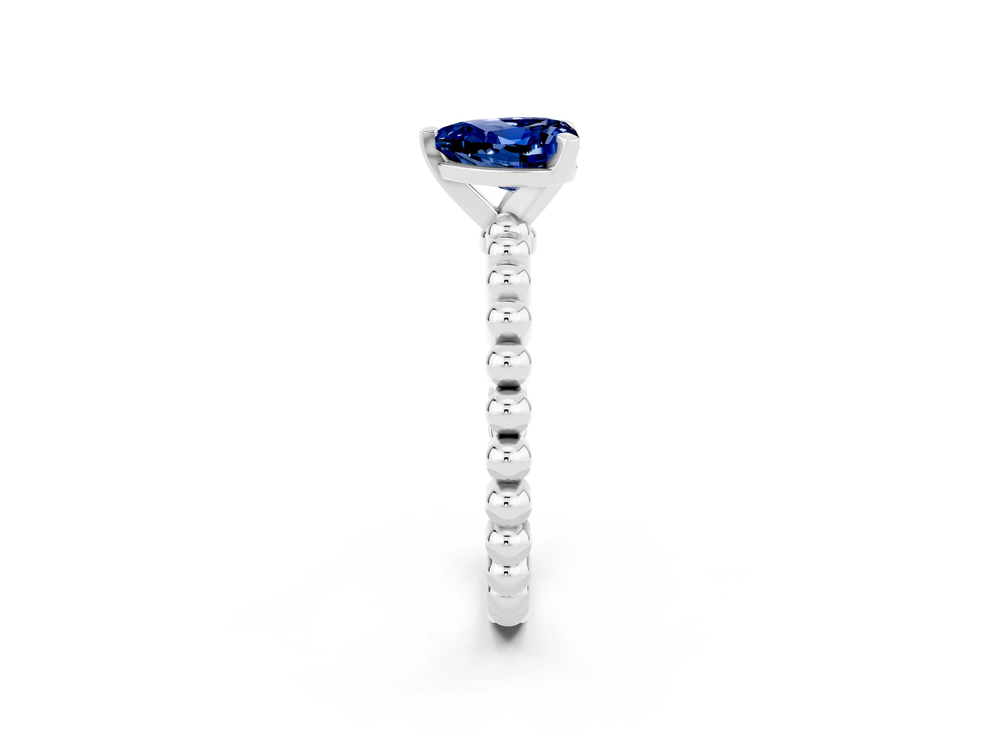 White gold Heart Cut Blue Sapphire Solitaire Ring with Beaded Band and Prong Setting_2