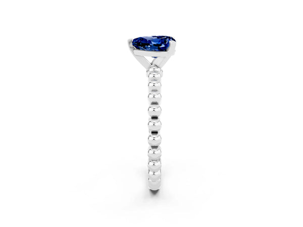 Platinum Heart Cut Blue Sapphire Solitaire Ring with Beaded Band and Prong Setting