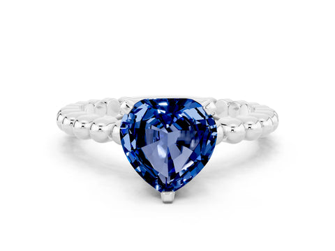 White gold Heart Cut Blue Sapphire Solitaire Ring with Beaded Band and Prong Setting