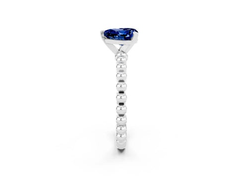 White gold Heart Cut Blue Sapphire Solitaire Ring with Beaded Band and Prong Setting_2