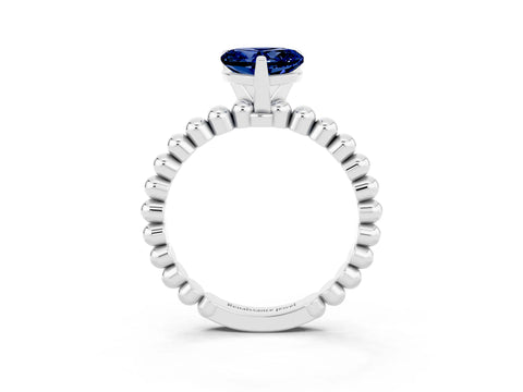 White gold Heart Cut Blue Sapphire Solitaire Ring with Beaded Band and Prong Setting_3
