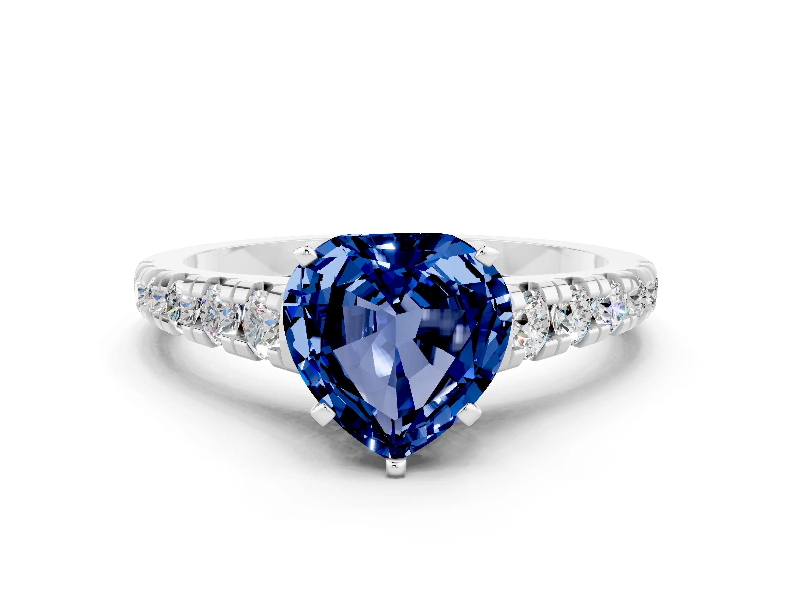 White gold Heart Cut Blue Sapphire Solitaire Ring with Cathedral Setting and Pavé Band