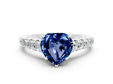 White gold Heart Cut Blue Sapphire Solitaire Ring with Cathedral Setting and Pavé Band