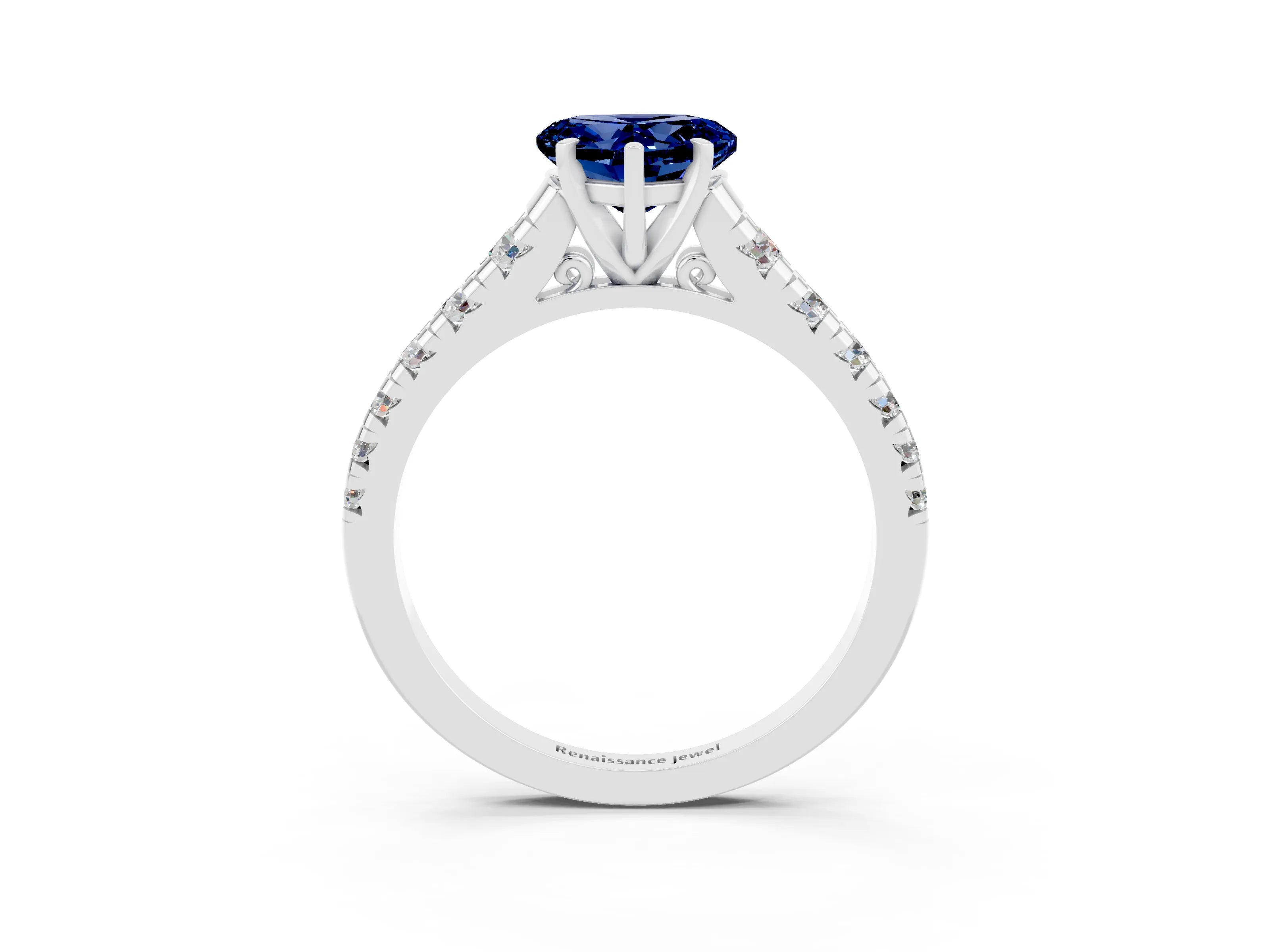 White gold Heart Cut Blue Sapphire Solitaire Ring with Cathedral Setting and Pavé Band_3