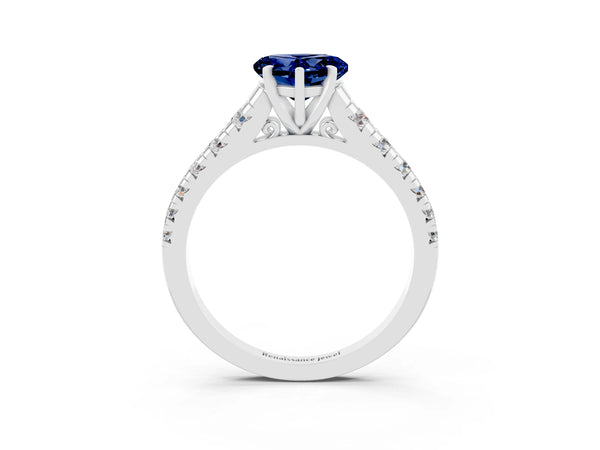 Silver Heart Cut Blue Sapphire Cathedral Solitaire Ring with Round  Pavé Band
