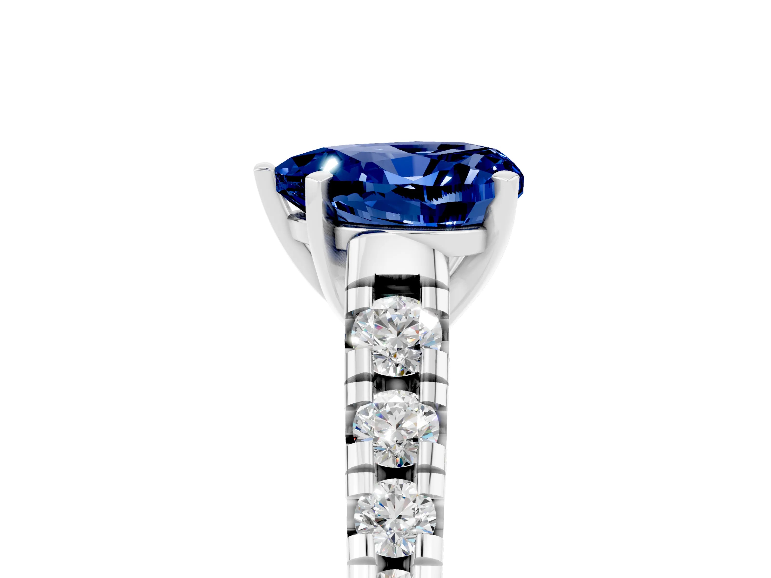 White gold Heart Cut Blue Sapphire Solitaire Ring with Cathedral Setting and Pavé Band_5