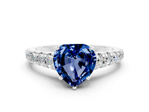White gold Heart Cut Blue Sapphire Solitaire Ring with Cathedral Setting and Pavé Band