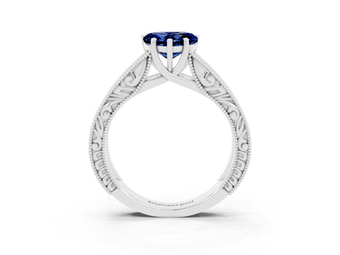 White gold Heart Cut Blue Sapphire Solitaire Ring with Engraved Band and Four-Prong Setting_3