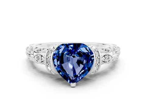 White gold Heart Cut Blue Sapphire Solitaire Ring with Filigree Band and Four-Prong Setting_24