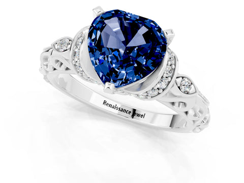 White gold Heart Cut Blue Sapphire Solitaire Ring with Filigree Band and Four-Prong Setting_25