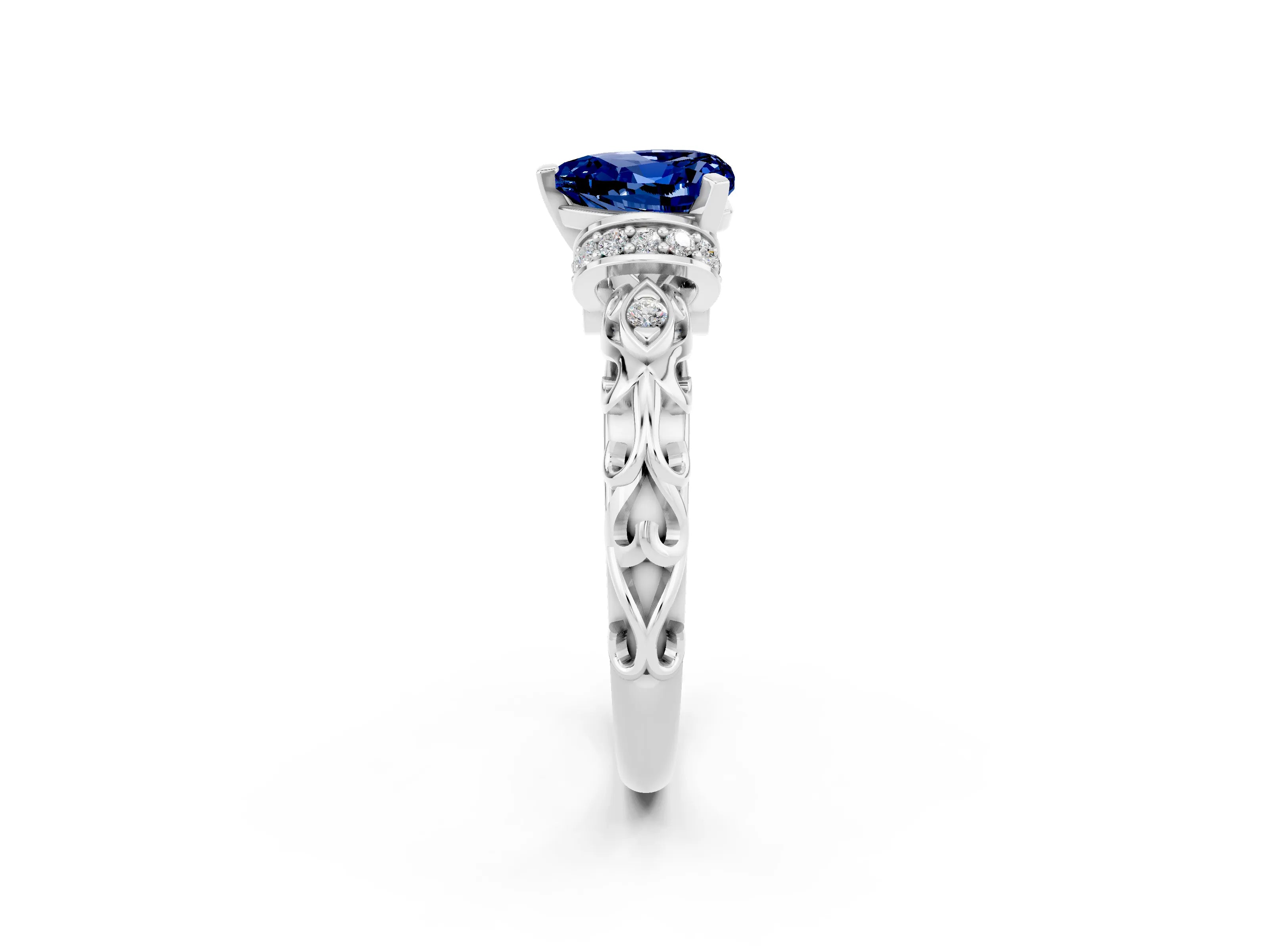 White gold Heart Cut Blue Sapphire Solitaire Ring with Filigree Band and Four-Prong Setting_26