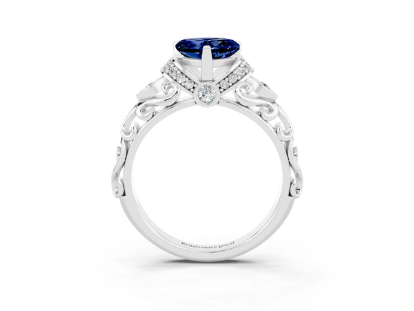 Platinum Heart Cut Blue Sapphire Solitaire Ring with Filigree Band and Four-Prong Setting