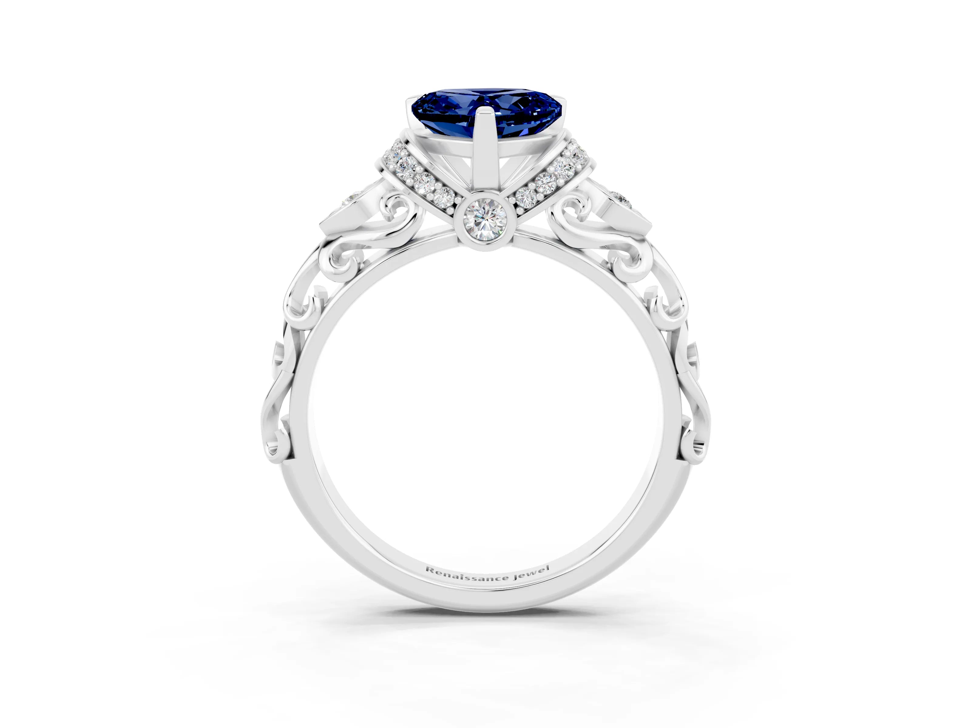 White gold Heart Cut Blue Sapphire Solitaire Ring with Filigree Band and Four-Prong Setting_27