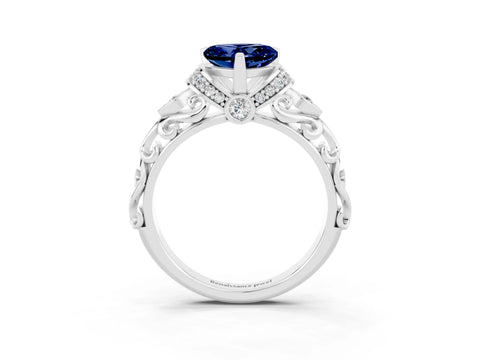 White gold Heart Cut Blue Sapphire Solitaire Ring with Filigree Band and Four-Prong Setting_27