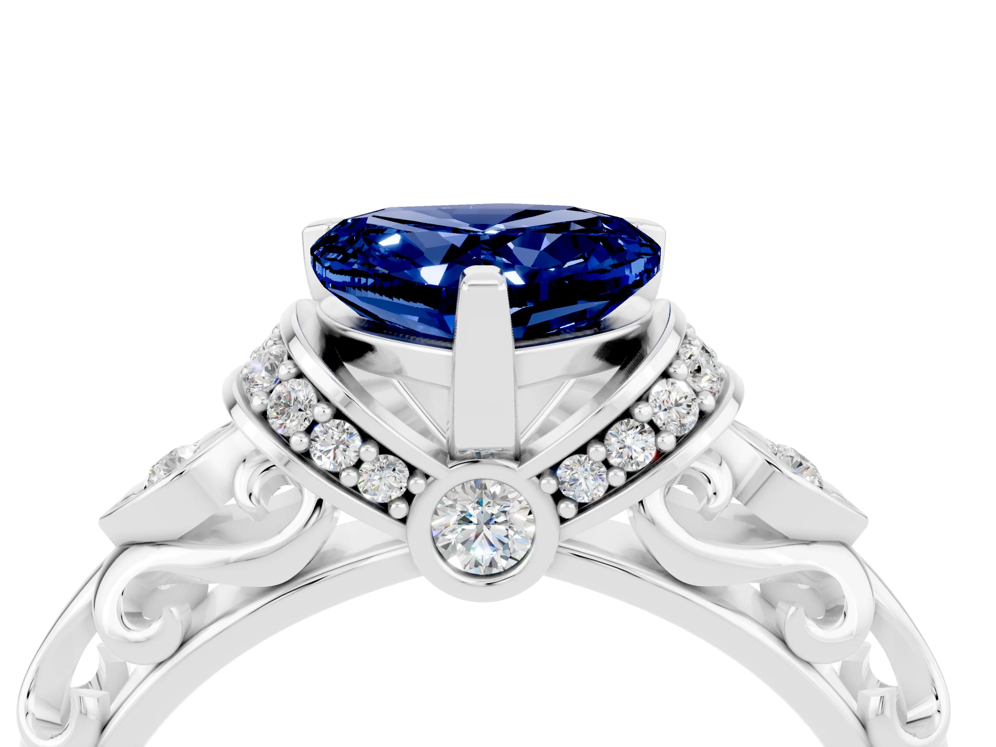 White gold Heart Cut Blue Sapphire Solitaire Ring with Filigree Band and Four-Prong Setting_28