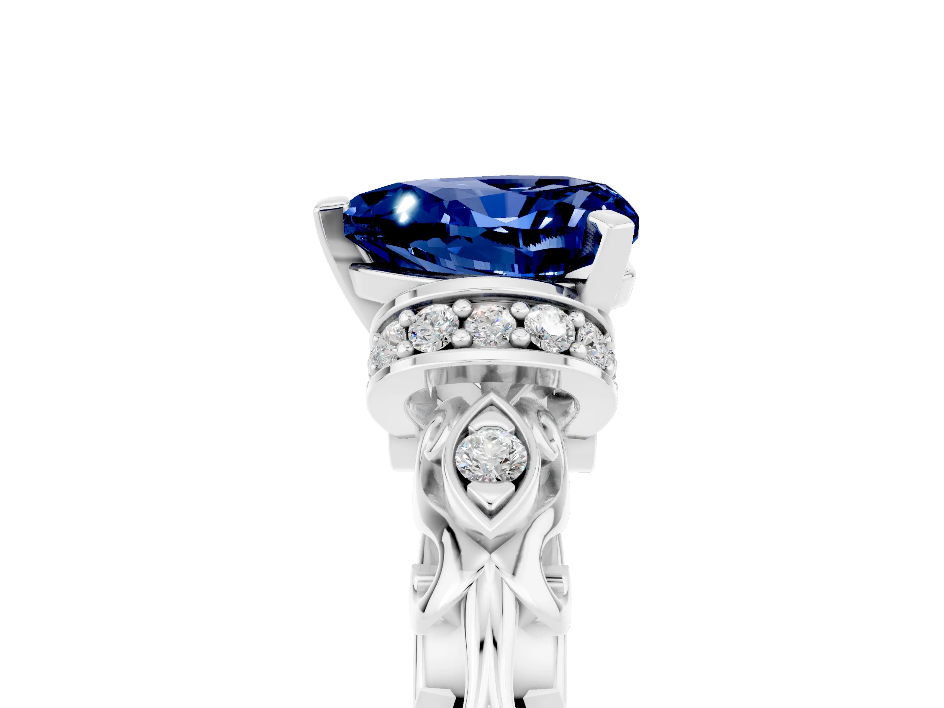 White gold Heart Cut Blue Sapphire Solitaire Ring with Filigree Band and Four-Prong Setting_29