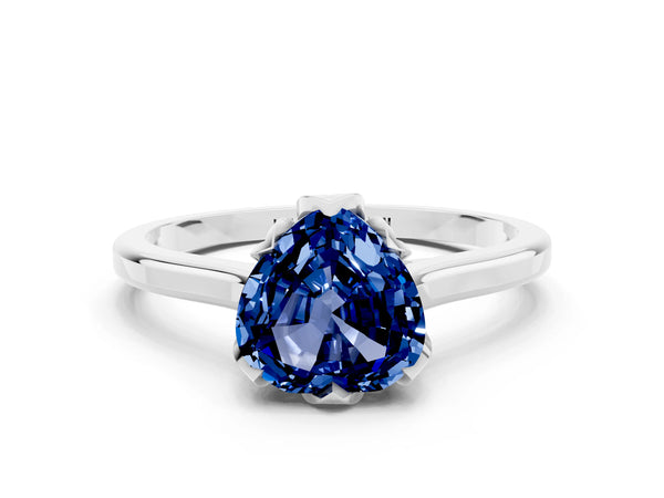 White gold Heart Cut Blue Sapphire Solitaire Ring with Flower Prong Setting and Classic Band
