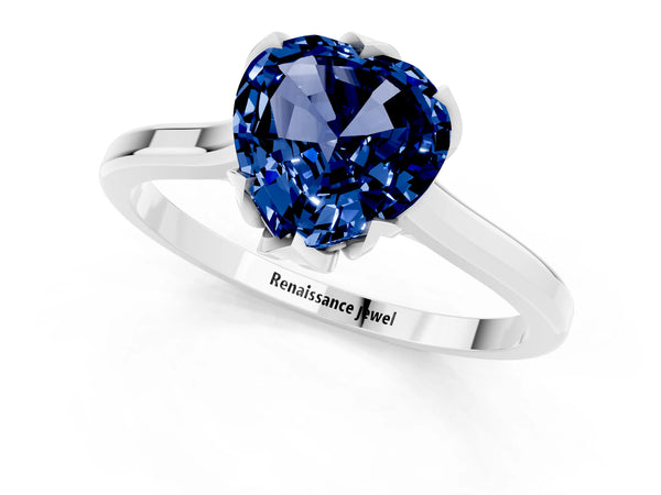 Platinum Heart Cut Blue Sapphire Solitaire Ring with Flower Prong Setting and Classic Band