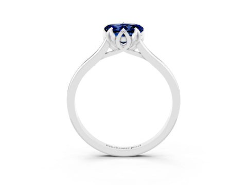 White gold Heart Cut Blue Sapphire Solitaire Ring with Flower Prong Setting and Classic Band_15