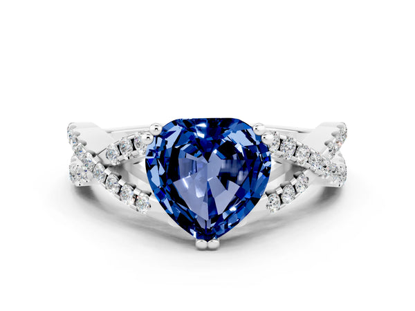 Platinum Heart Cut Blue Sapphire Solitaire Ring with Four-Prong Setting and Twisted Pavé Band