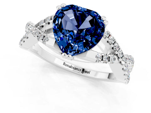Silver  Diamond Solitaire Ring with Four-Prong Setting and Twisted Pavé Band
