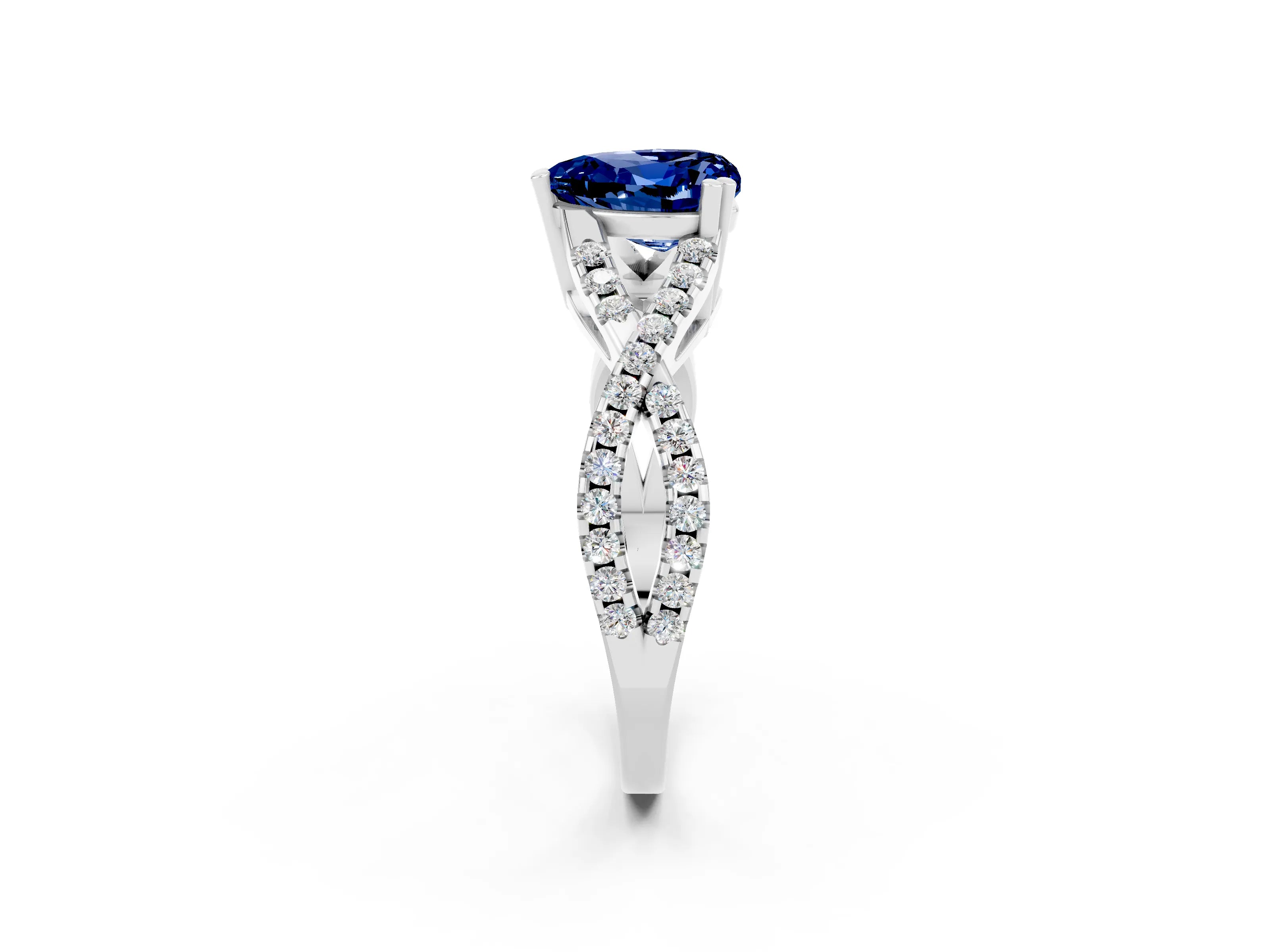 White gold Heart Cut Blue Sapphire Solitaire Ring with Four-Prong Setting and Twisted Pavé Band_2