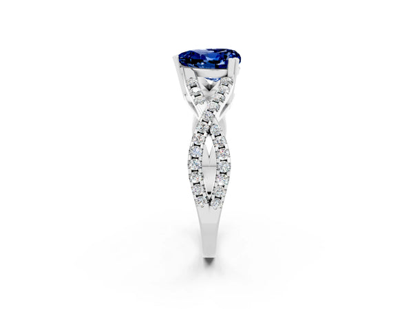 Silver Heart Cut Blue Sapphire Solitaire Ring with Four-Prong Setting and Twisted Pavé Band