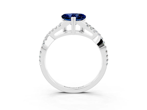 Platinum Heart Cut Blue Sapphire Solitaire Ring with Four-Prong Setting and Twisted Pavé Band