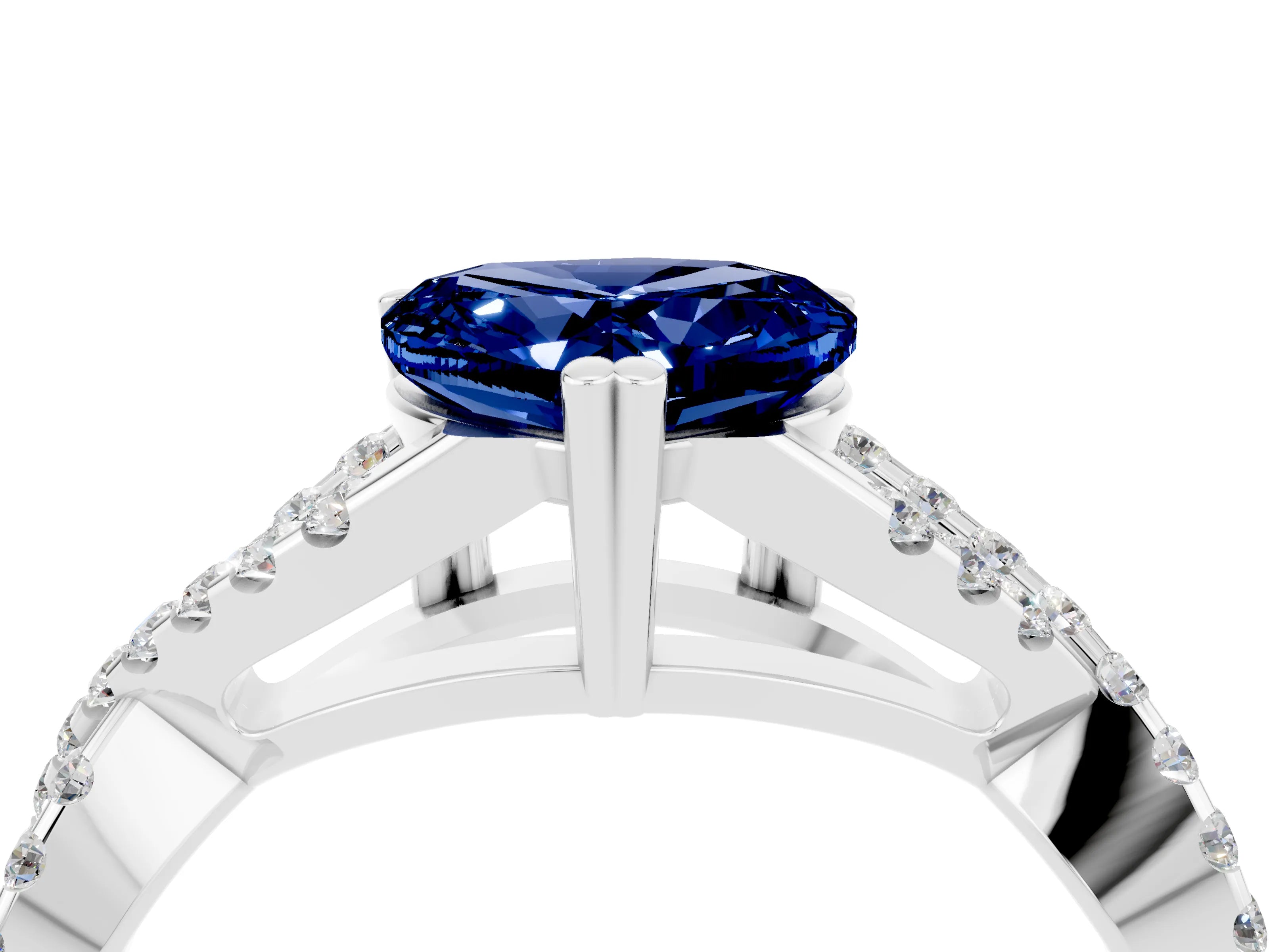 White gold Heart Cut Blue Sapphire Solitaire Ring with Four-Prong Setting and Twisted Pavé Band_4