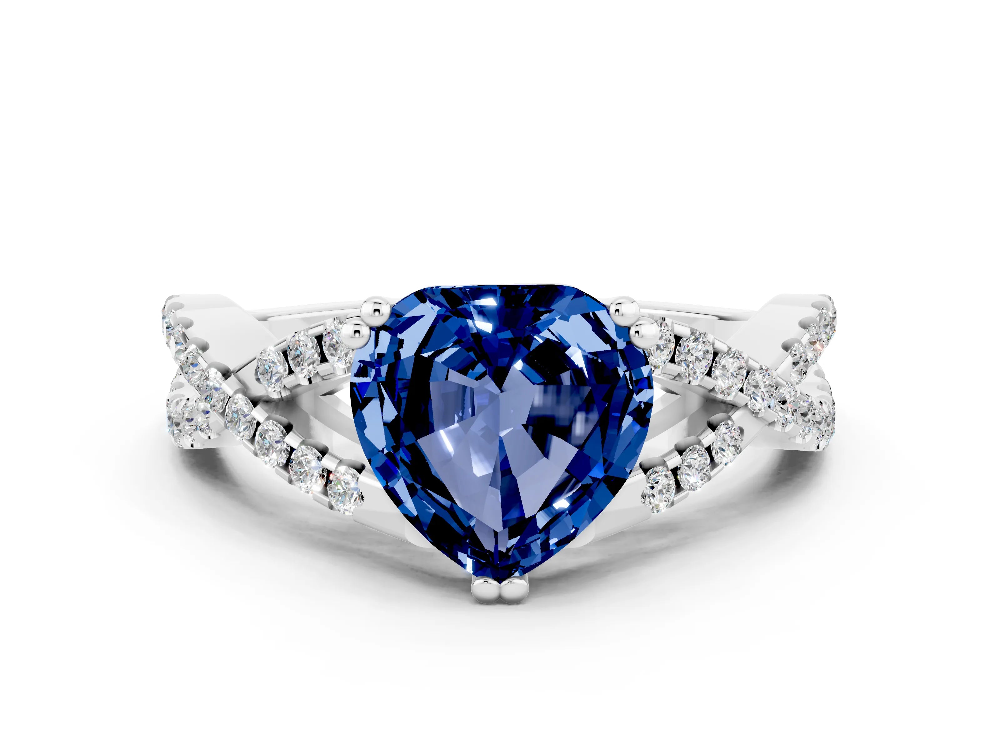 White gold Heart Cut Blue Sapphire Solitaire Ring with Four-Prong Setting and Twisted Pavé Band
