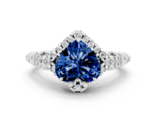 Silver Heart Cut Blue Sapphire Solitaire Ring with Hidden Halo and Pavé Band