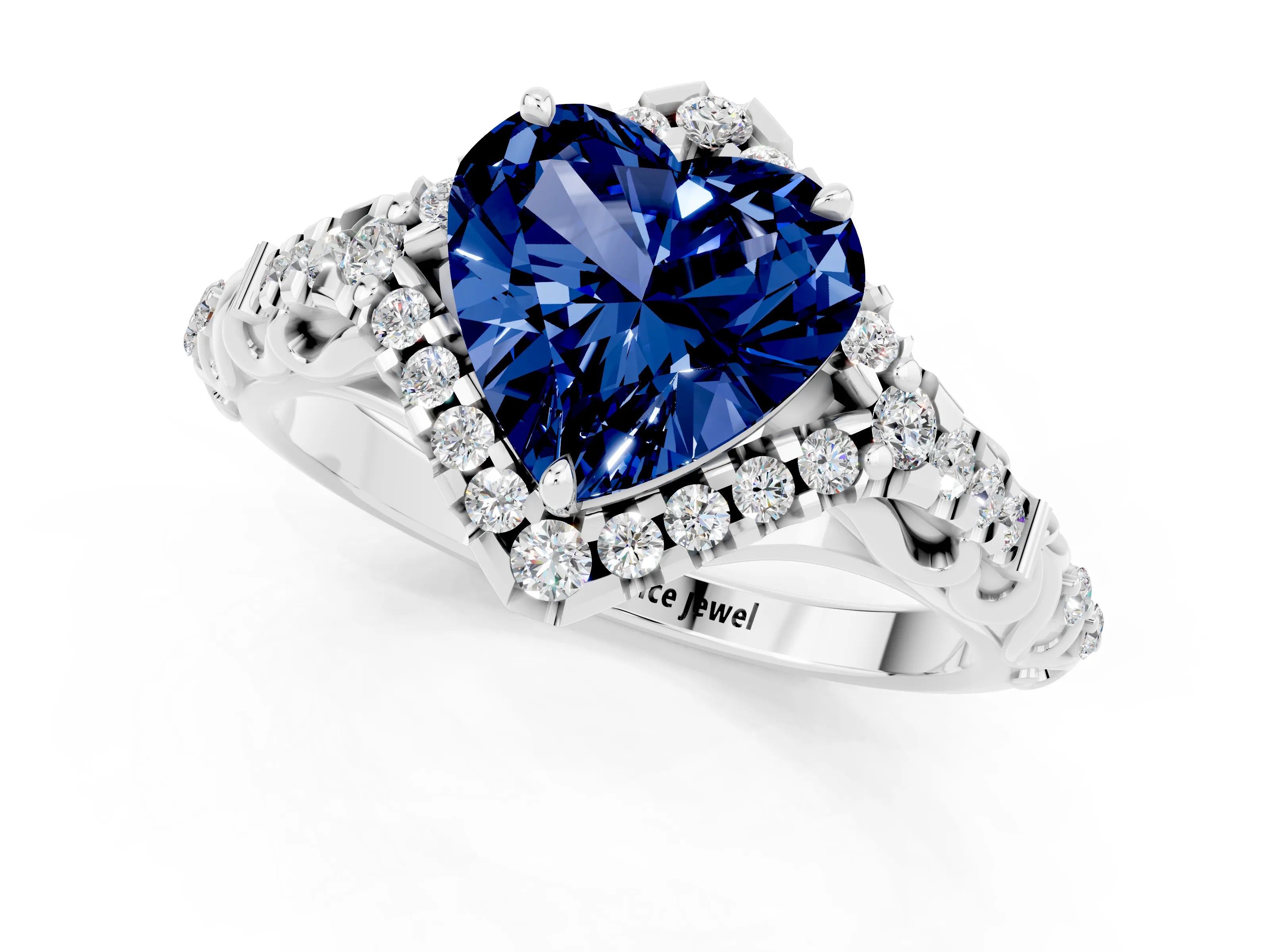 White gold Heart Cut Blue Sapphire Solitaire Ring with Hidden Halo and Pavé Band_13
