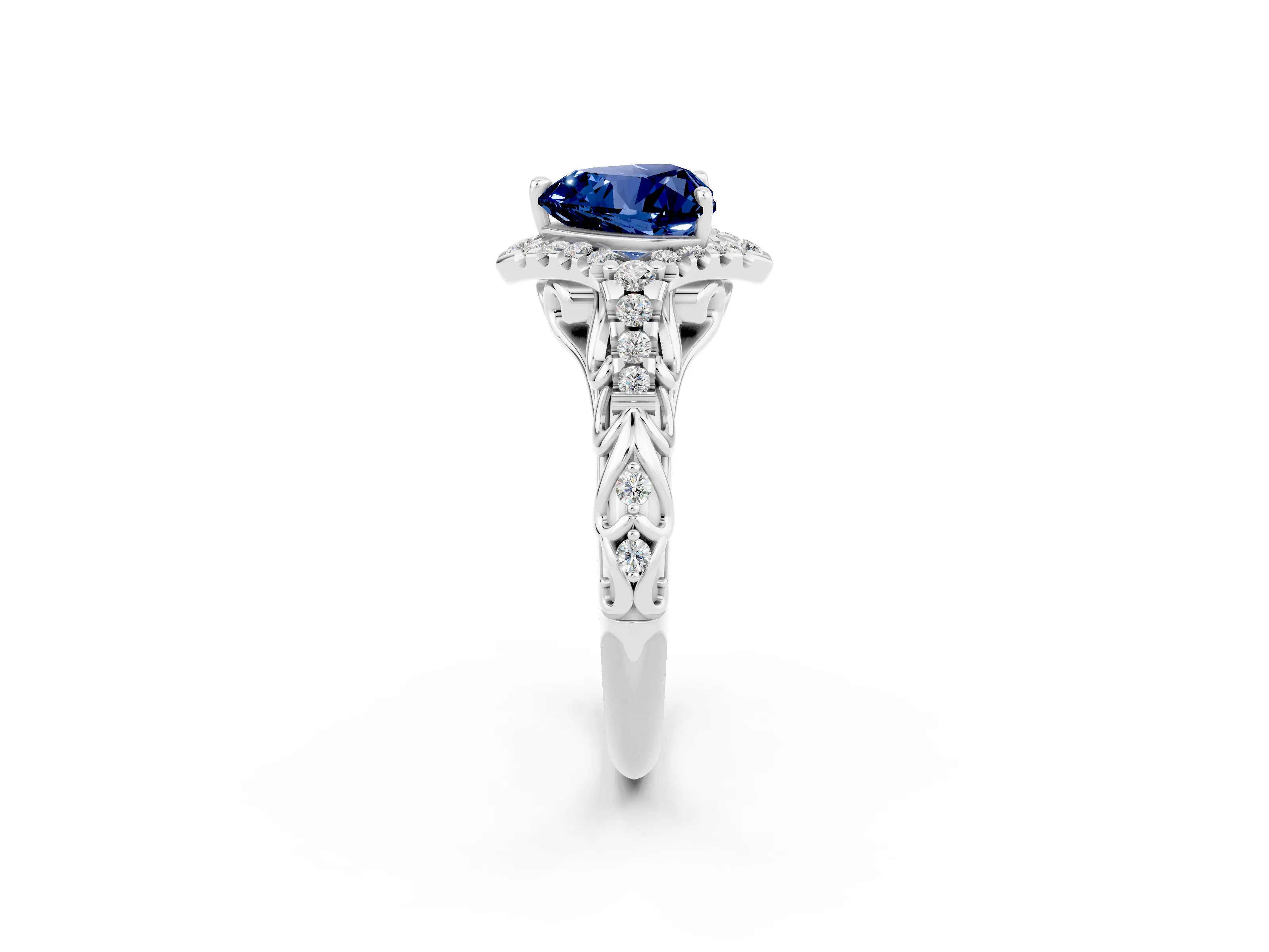 White gold Heart Cut Blue Sapphire Solitaire Ring with Hidden Halo and Pavé Band_14