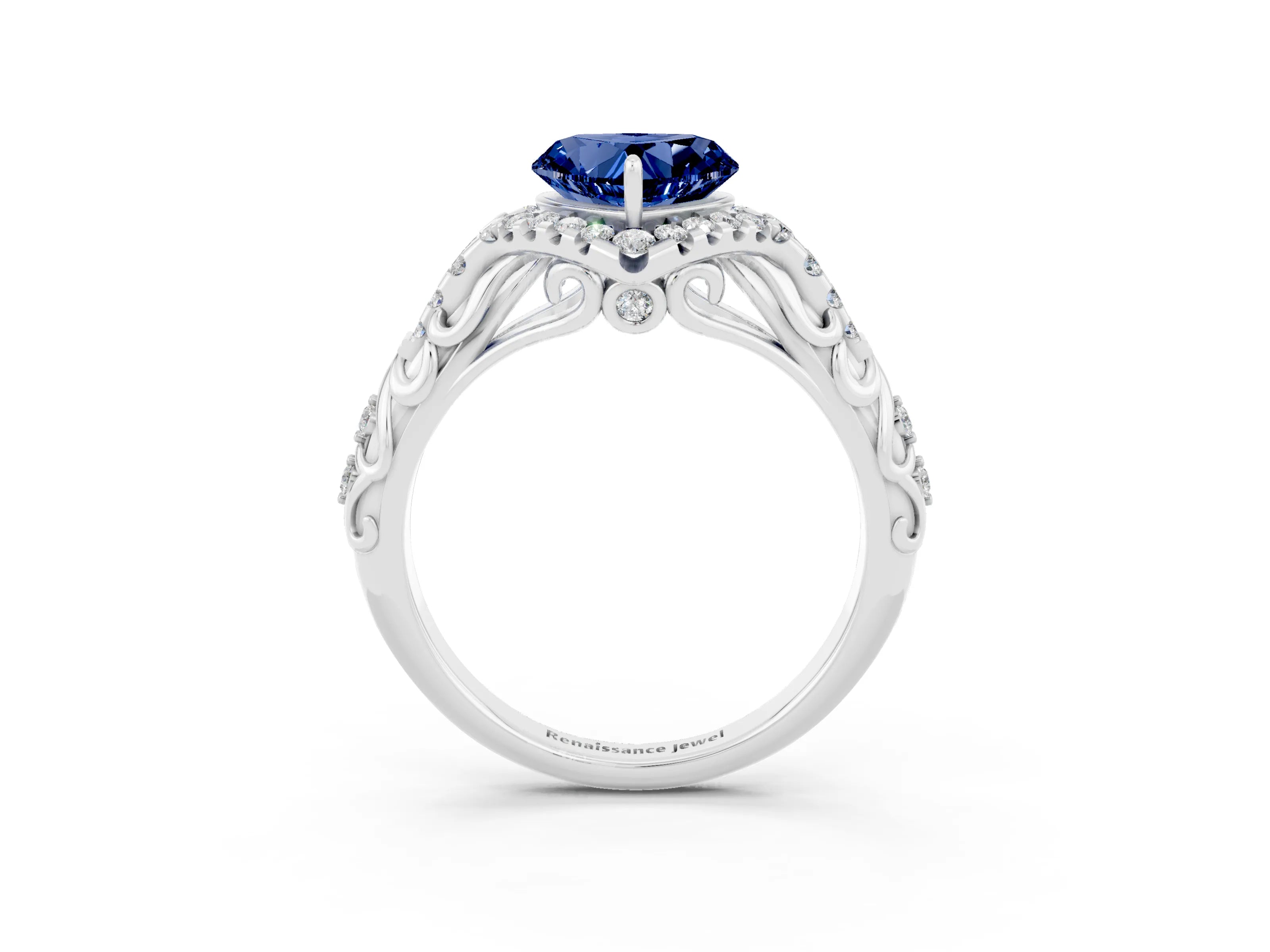 White gold Heart Cut Blue Sapphire Solitaire Ring with Hidden Halo and Pavé Band_15