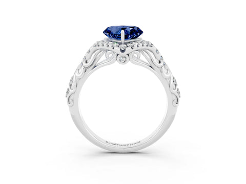 White gold Heart Cut Blue Sapphire Solitaire Ring with Hidden Halo and Pavé Band_15