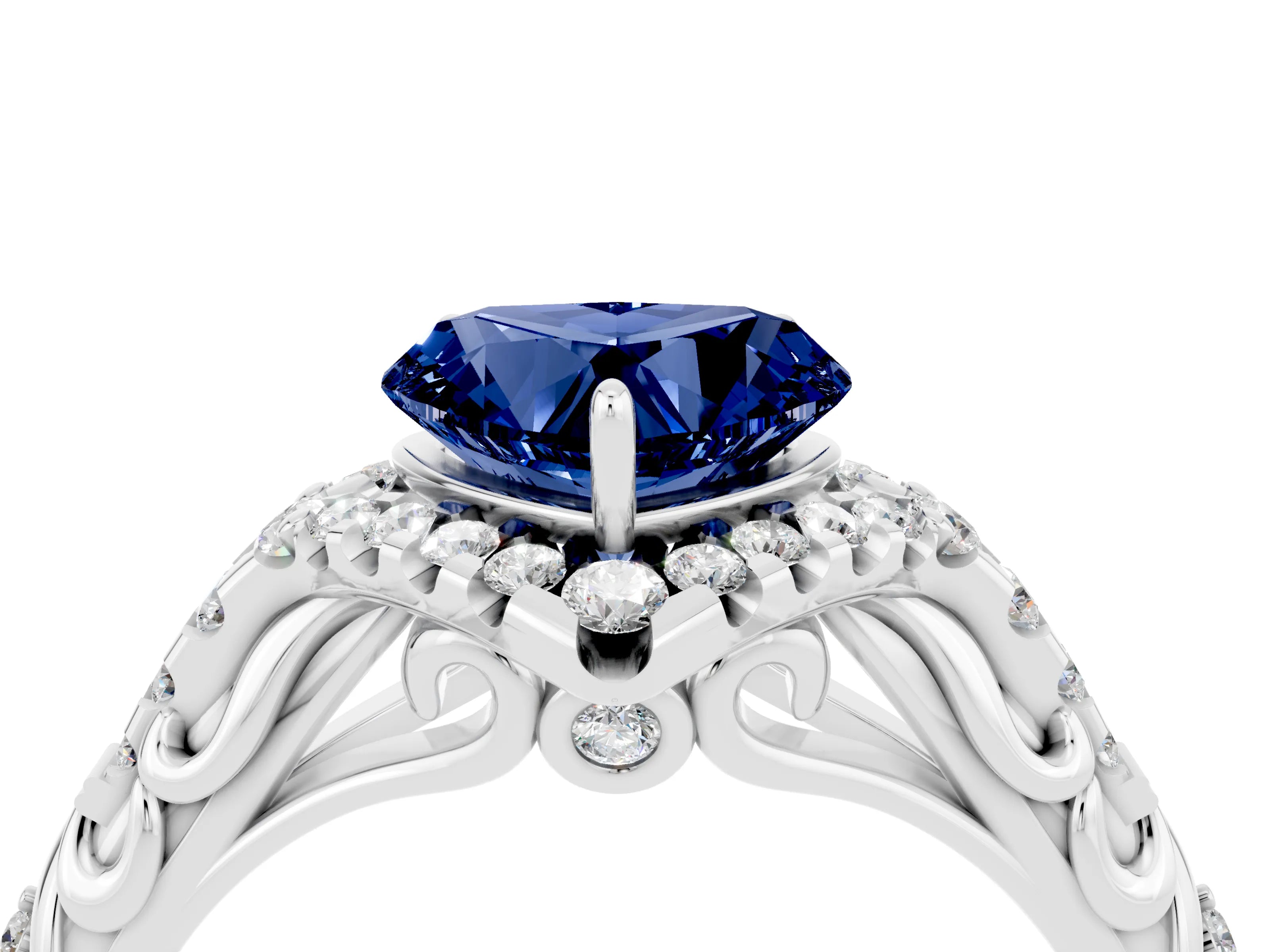 White gold Heart Cut Blue Sapphire Solitaire Ring with Hidden Halo and Pavé Band_16