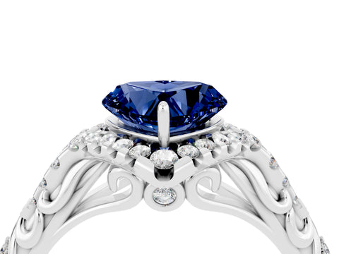 White gold Heart Cut Blue Sapphire Solitaire Ring with Hidden Halo and Pavé Band_16