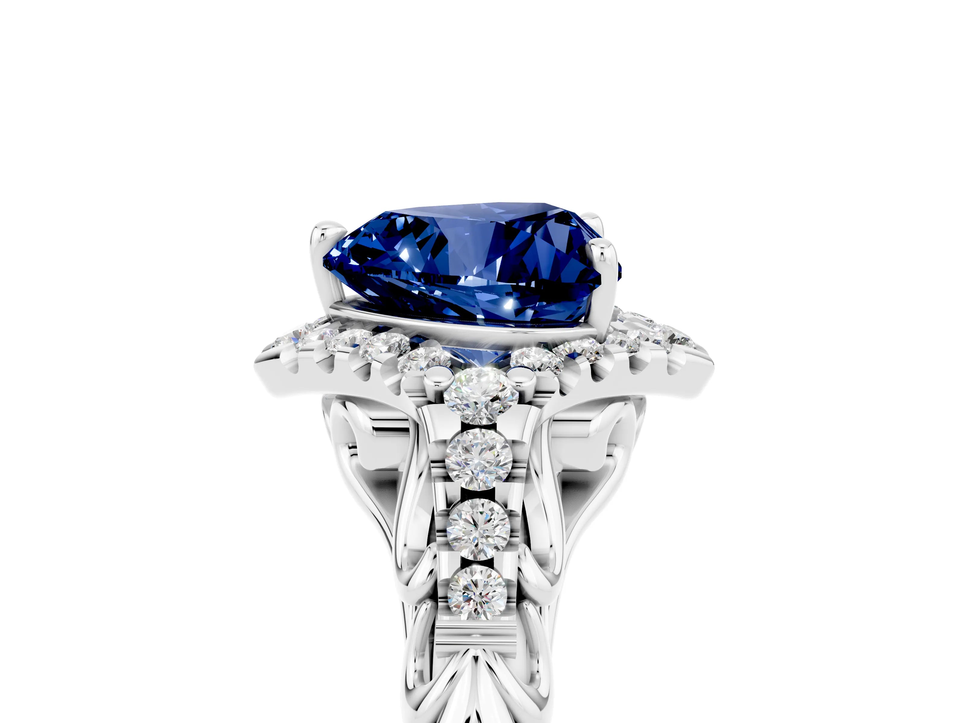White gold Heart Cut Blue Sapphire Solitaire Ring with Hidden Halo and Pavé Band_17