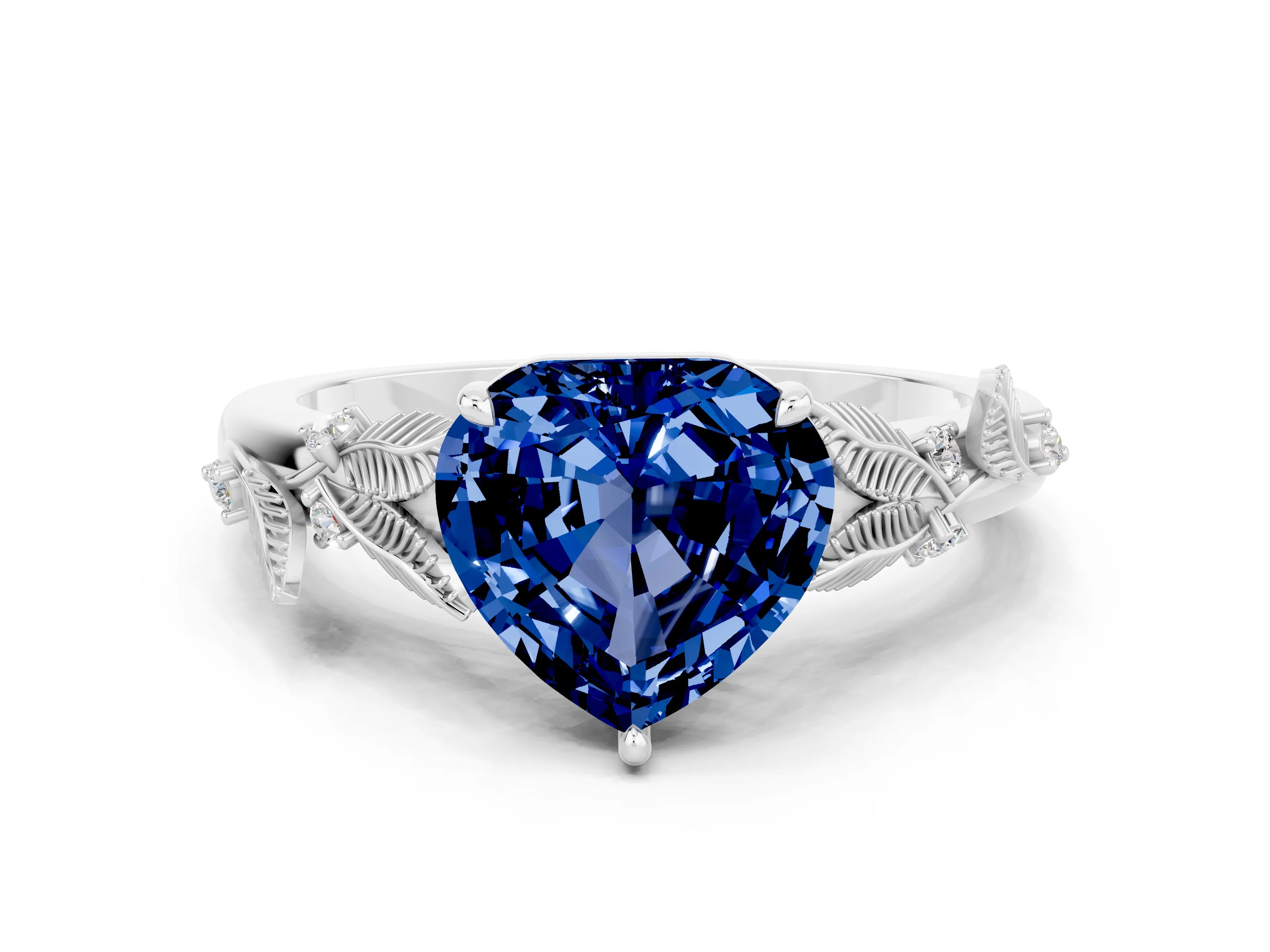 White gold Heart Cut Blue Sapphire Solitaire Ring with Leaf Motif Band and Four-Prong Setting