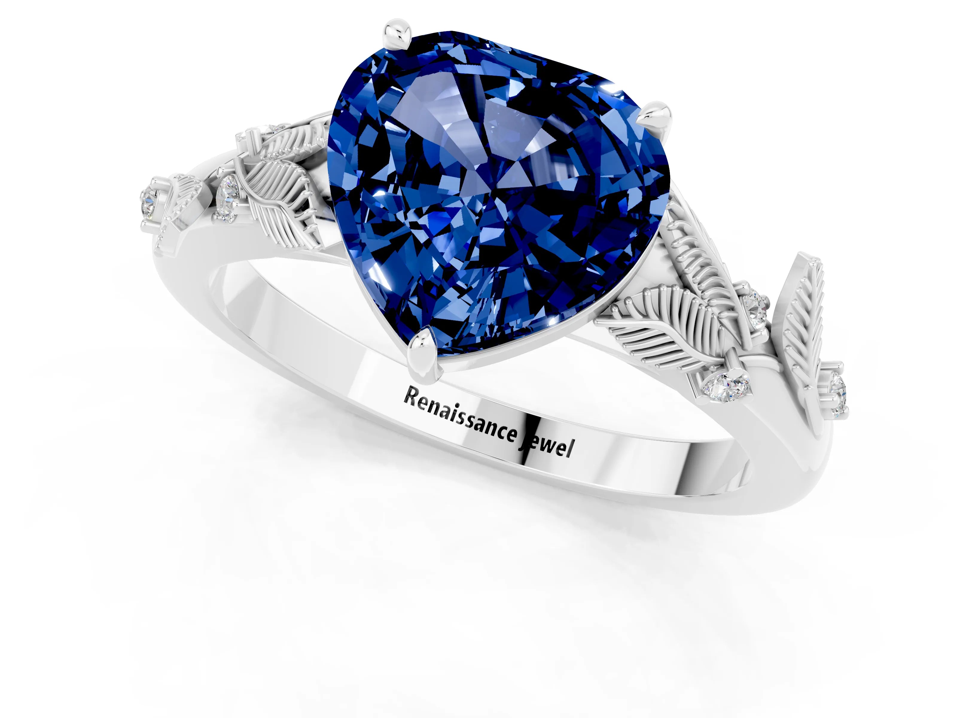 White gold Heart Cut Blue Sapphire Solitaire Ring with Leaf Motif Band and Four-Prong Setting_13