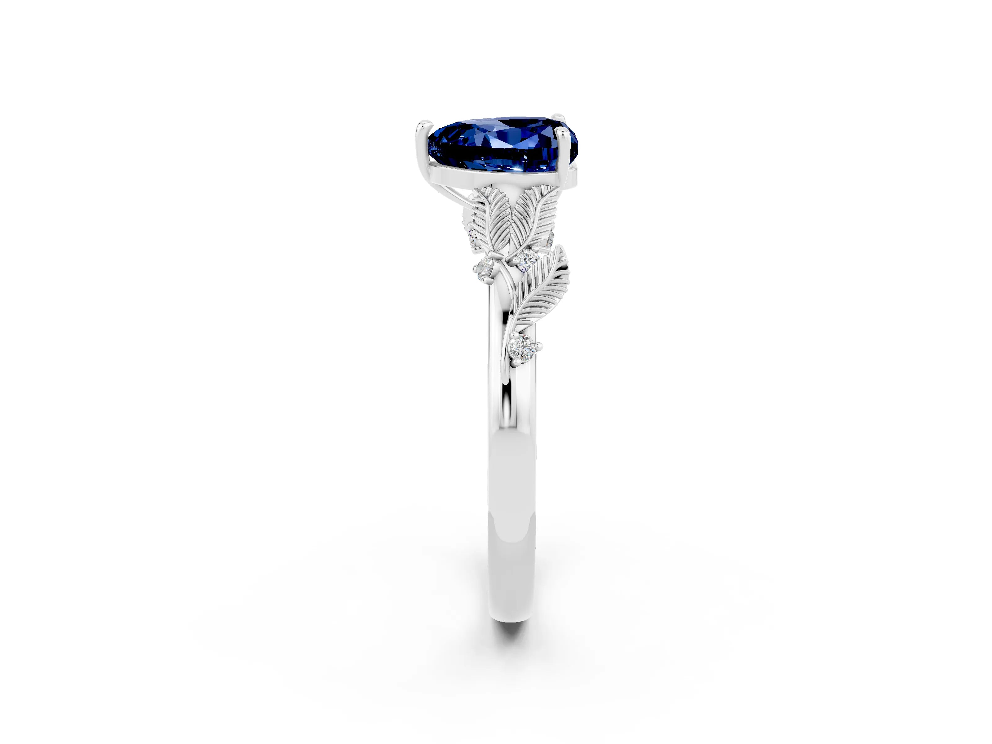 White gold Heart Cut Blue Sapphire Solitaire Ring with Leaf Motif Band and Four-Prong Setting_14