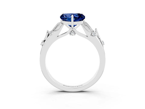 White gold Heart Cut Blue Sapphire Solitaire Ring with Leaf Motif Band and Four-Prong Setting_15
