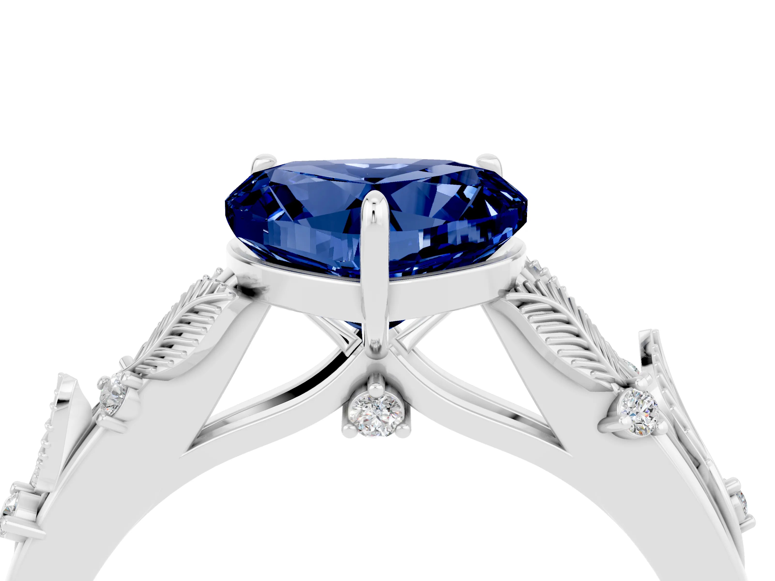 White gold Heart Cut Blue Sapphire Solitaire Ring with Leaf Motif Band and Four-Prong Setting_16