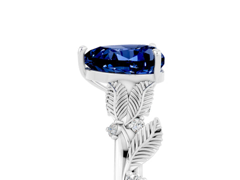 White gold Heart Cut Blue Sapphire Solitaire Ring with Leaf Motif Band and Four-Prong Setting_5